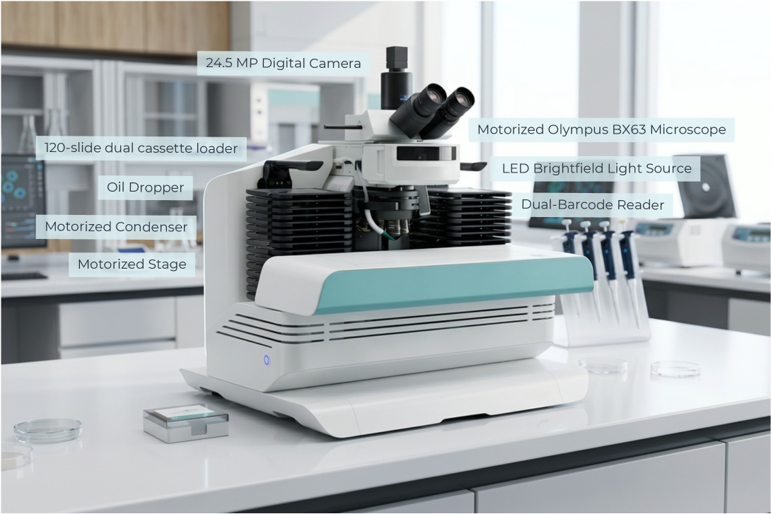 Encore imaging system with labeled components: 24.5 MP digital camera, motorized Olympus BX63 microscope, LED brightfield light source, dual-barcode reader, 120-slide dual cassette loader, oil dropper, motorized condenser, motorized stage.